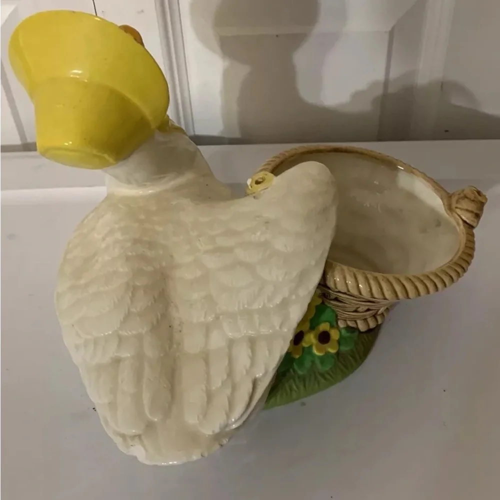 Vintage Whimsical Duck Figurine with Yellow Bonnet and Basket‎ goose